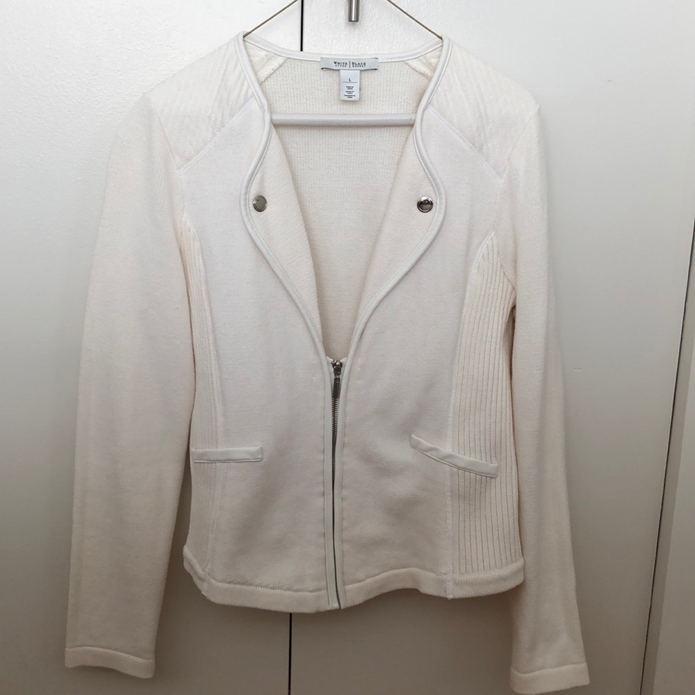 White House Black Market Cream/White Zip Sweater
